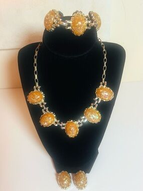 Coro Vintage Orange Confetti Thermoset Lucite Necklace, Brac& Earring Set